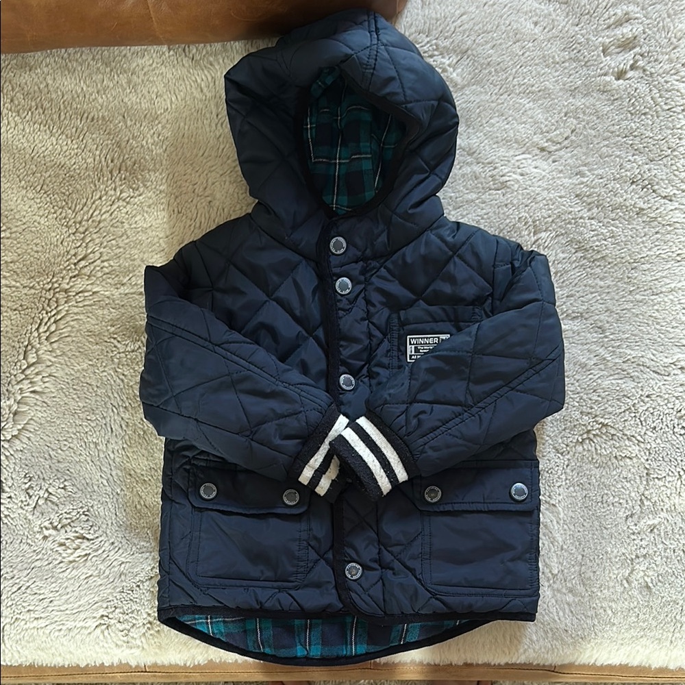 Navy Quilted Hooded Jacket